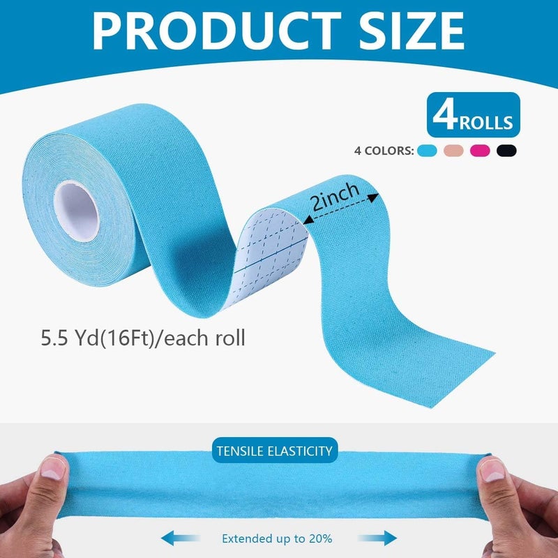 OBTANIM 4 Rolls Waterproof Breathable Kinesiology Tape, Athletic Elastic Kneepad Muscle Pain Relief Knee Taping for Gym Fitness Running Tennis Swimming Football (Black, Skin, Pink, Light Blue) - Image 2