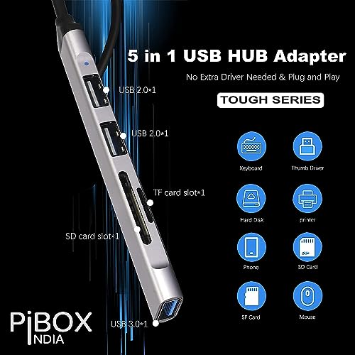 pibox India USB C Hub multiport, PiBOX India USB C to USB Adapter Multiport, USB C and USB 3.0 to USB A SD TF 5 Port Hub, USB-C to USB Hub 3.0, SD TF Micro SD, for MacBook Pro, USB Splitter Aluminum, Color Gray - Image 4