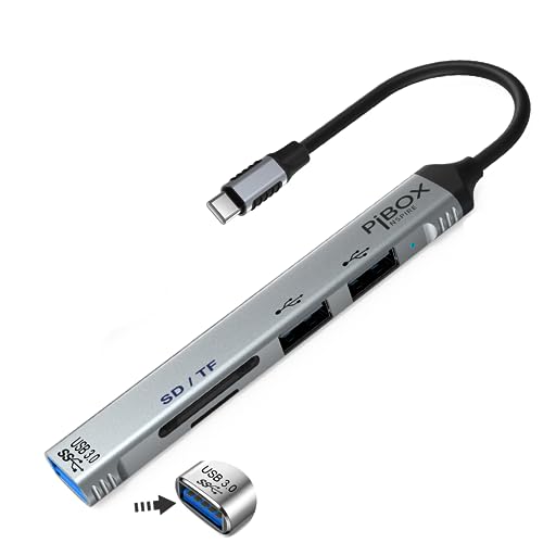 pibox India USB C Hub multiport, PiBOX India USB C to USB Adapter Multiport, USB C and USB 3.0 to USB A SD TF 5 Port Hub, USB-C to USB Hub 3.0, SD TF Micro SD, for MacBook Pro, USB Splitter Aluminum, Color Gray - Image 1