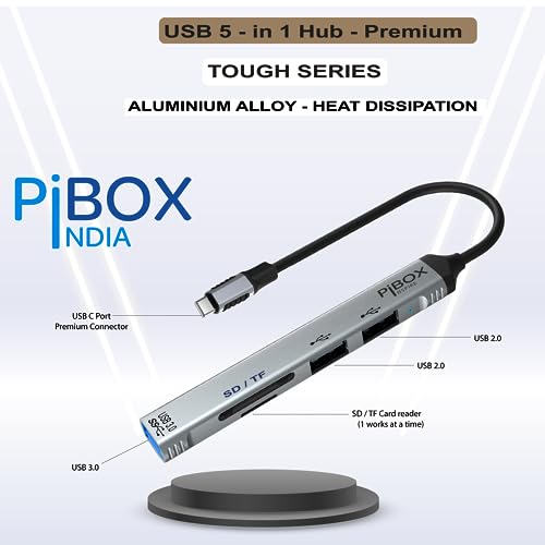 pibox India USB C Hub multiport, PiBOX India USB C to USB Adapter Multiport, USB C and USB 3.0 to USB A SD TF 5 Port Hub, USB-C to USB Hub 3.0, SD TF Micro SD, for MacBook Pro, USB Splitter Aluminum, Color Gray - Image 2