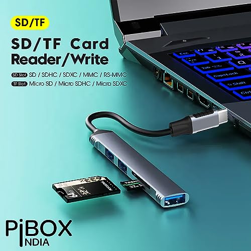 pibox India USB C Hub multiport, PiBOX India USB C to USB Adapter Multiport, USB C and USB 3.0 to USB A SD TF 5 Port Hub, USB-C to USB Hub 3.0, SD TF Micro SD, for MacBook Pro, USB Splitter Aluminum, Color Gray - Image 5