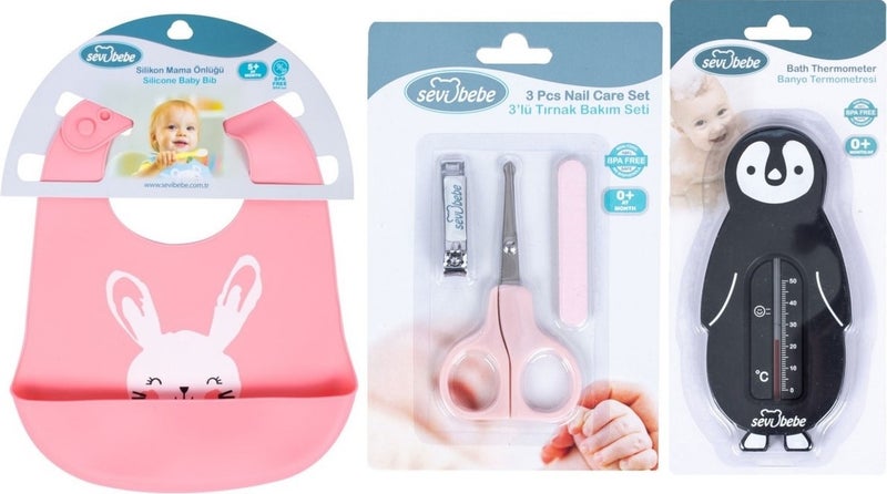 Sevi Bebe Baby Care Set (Nail Clipper Set + Silicone Bib + Bath Temperature)