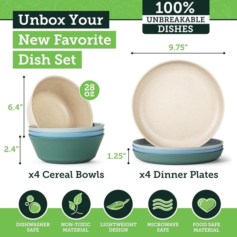 Grow Forward Premium Wheat Straw Plates and Bowls Sets - 8 Unbreakable Microwave Safe Dishes - Reusable Wheat Straw Dinnerware Sets - Plastic Plates and Bowls Alternative for Camping, RV - Oasis - Image 3