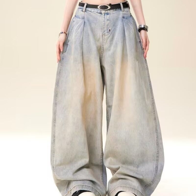 Washed Jeans Men'S And Women'S Fashion Wide Leg Pants Autumn New Straight Leg Pants Pleated Long Pants - Image 2