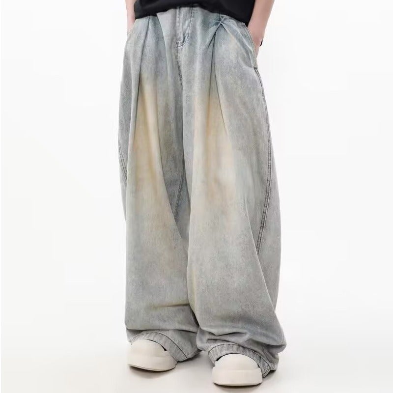 Washed Jeans Men'S And Women'S Fashion Wide Leg Pants Autumn New Straight Leg Pants Pleated Long Pants - Image 1