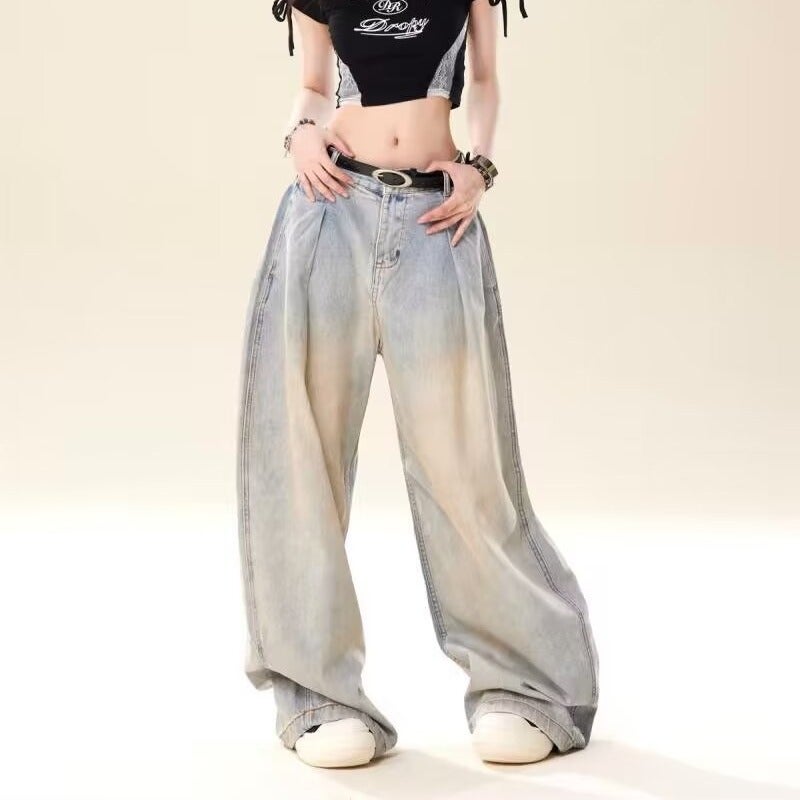 Washed Jeans Men'S And Women'S Fashion Wide Leg Pants Autumn New Straight Leg Pants Pleated Long Pants - Image 4