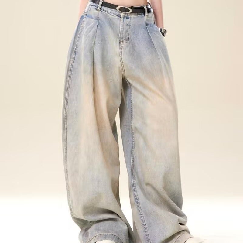 Washed Jeans Men'S And Women'S Fashion Wide Leg Pants Autumn New Straight Leg Pants Pleated Long Pants - Image 3