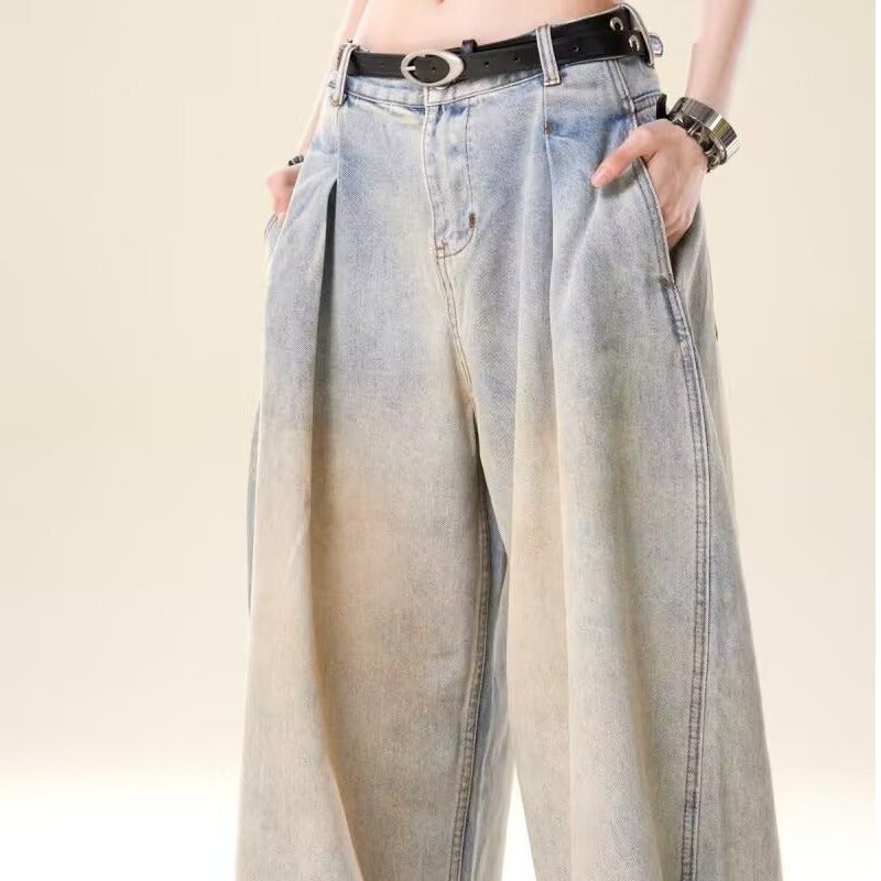 Washed Jeans Men'S And Women'S Fashion Wide Leg Pants Autumn New Straight Leg Pants Pleated Long Pants - Image 5