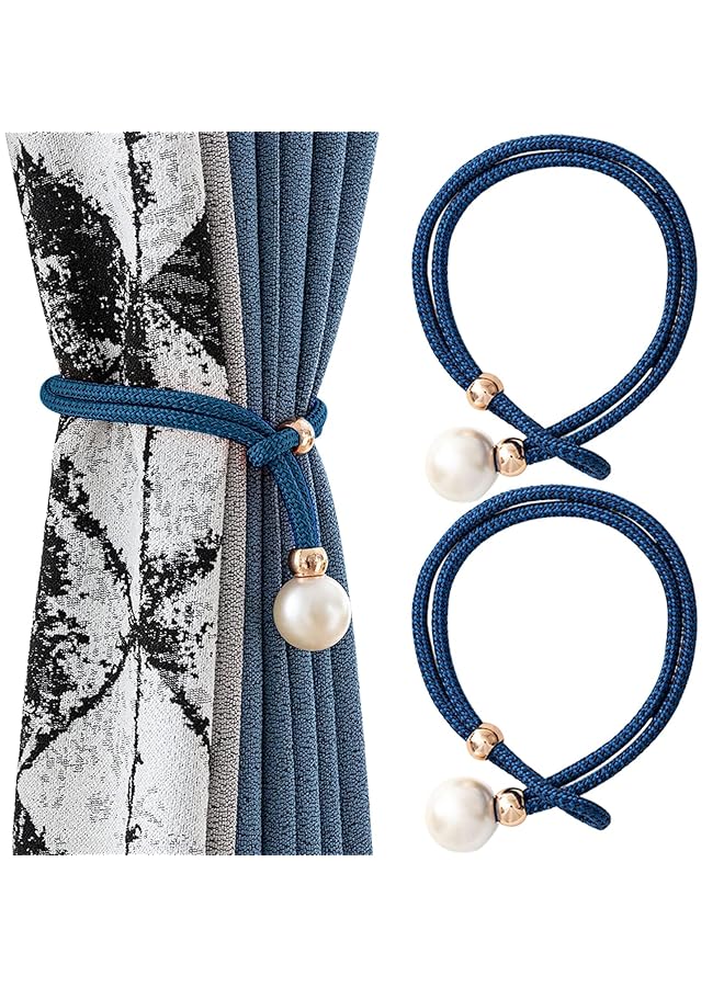 إيروريكس رباطات ستائر من الحبال مزخرفة بلؤلؤة كبيرة، أربطة ستائر قابلة للتعديل، مثبتات ستائر للمنزل والمكتب والفناء والشرفة والنوافذ، عبوة من قطعتين باللون الأزرق - Image 1