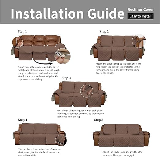 BLESSING PET SUPPLY Recliner Sofa Cover with Console Couch Cover for Living Room Anti Slip Bottom Split Sofa Cover for Each Seat with Elastic Straps for Kids Dogs Pets 3 Seater Recliner Brown - Image 2