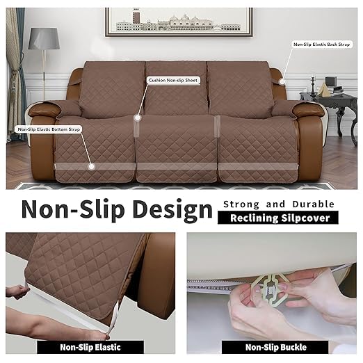 BLESSING PET SUPPLY Recliner Sofa Cover with Console Couch Cover for Living Room Anti Slip Bottom Split Sofa Cover for Each Seat with Elastic Straps for Kids Dogs Pets 3 Seater Recliner Brown - Image 4