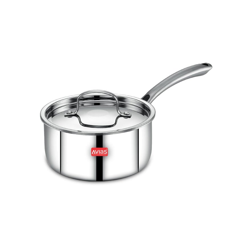Avias Riara Triply Saucepan with Lid | 5 Years Warranty | 14cm Stainless Steel Sauce Pan, Triply Tea Pan, Steel Casted Handles, 2.5 Mm Thickness, Induction Base Sauce Pan, 1.10 Litre, 14cm - Image 1