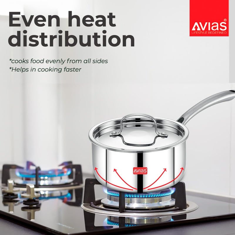 Avias Riara Triply Saucepan with Lid | 5 Years Warranty | 14cm Stainless Steel Sauce Pan, Triply Tea Pan, Steel Casted Handles, 2.5 Mm Thickness, Induction Base Sauce Pan, 1.10 Litre, 14cm - Image 3