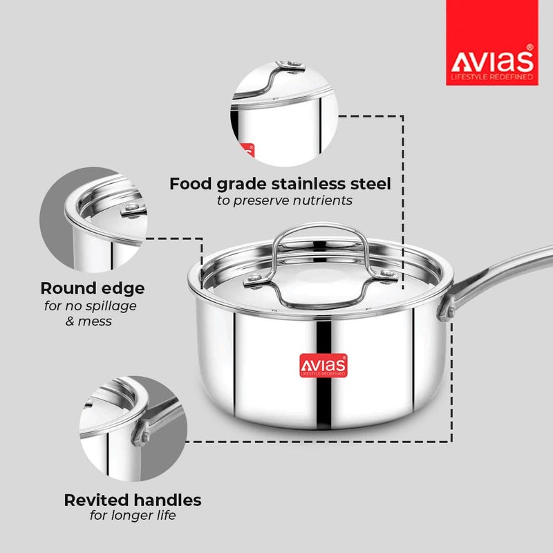 Avias Riara Triply Saucepan with Lid | 5 Years Warranty | 14cm Stainless Steel Sauce Pan, Triply Tea Pan, Steel Casted Handles, 2.5 Mm Thickness, Induction Base Sauce Pan, 1.10 Litre, 14cm - Image 2