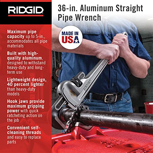 RIDGID 31110 Model 836 36 Aluminum Straight Pipe Wrench with 5 Pipe Capacity 40 Lighter Aluminum Straight Plumbing Wrench with IBeam Handle - Image 3