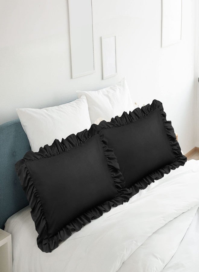 PiccoCasa Ruffled Pillow Shams Set of 2, Soft Breathable Pillow Covers with Envelope Closure, 100% Brushed Microfiber Pillow Case Standard Black - Image 2