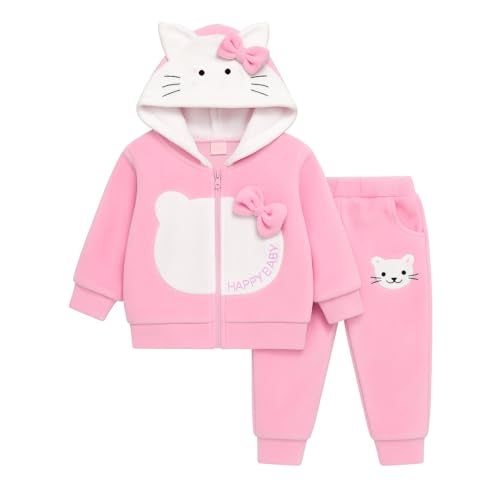 Bold N Elegant Baby Girl Winter Micro Fleece Hoodie & Jogger Set Warm Zipper Sweatshirt & Pants | Cute Cat Design Winter Outfit for Infant Toddler Baby Girls - Image 1