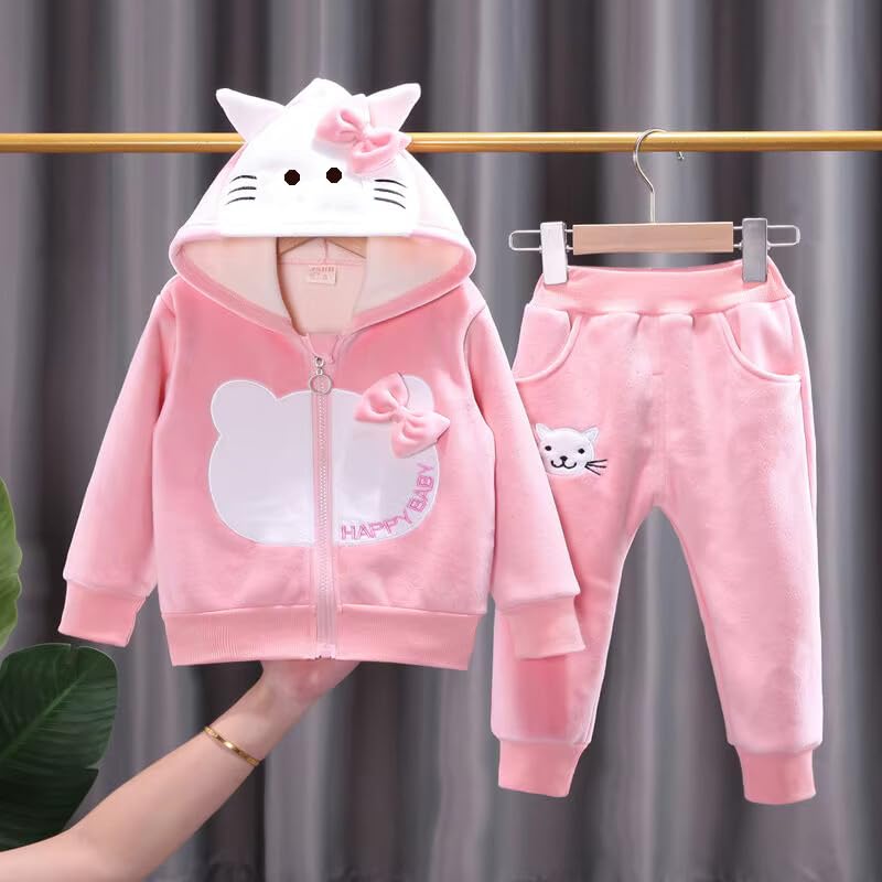 Bold N Elegant Baby Girl Winter Micro Fleece Hoodie & Jogger Set Warm Zipper Sweatshirt & Pants | Cute Cat Design Winter Outfit for Infant Toddler Baby Girls - Image 2