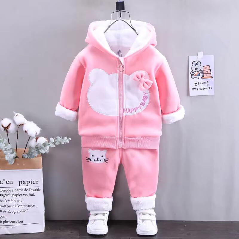 Bold N Elegant Baby Girl Winter Micro Fleece Hoodie & Jogger Set Warm Zipper Sweatshirt & Pants | Cute Cat Design Winter Outfit for Infant Toddler Baby Girls - Image 3