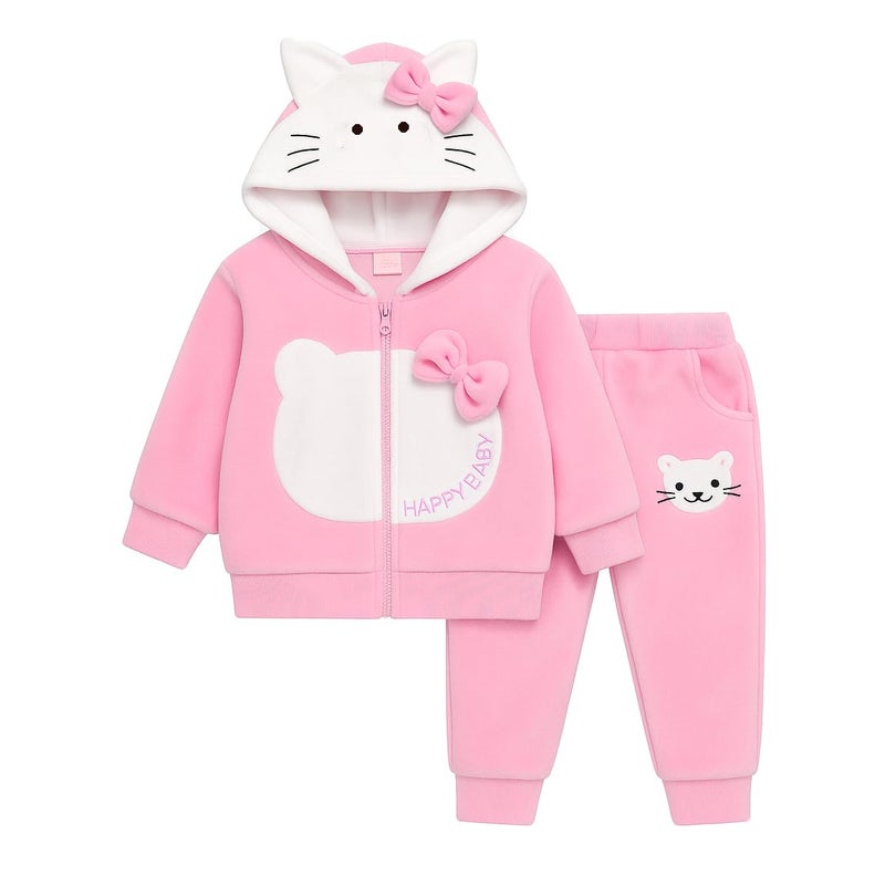Bold N Elegant Baby Girl Winter Micro Fleece Hoodie & Jogger Set Warm Zipper Sweatshirt & Pants | Cute Cat Design Winter Outfit for Infant Toddler Baby Girls - Image 5