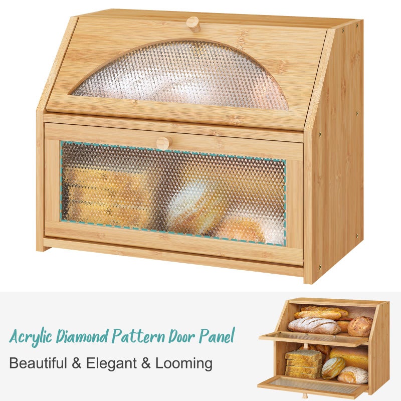 Vriccc Bread Box, Bamboo Wood Bread Box for Kitchen Counter, Double-layer Bread Storage Bin, Acrylic glass with Diamond Patterns (Natural, Large) - Image 5