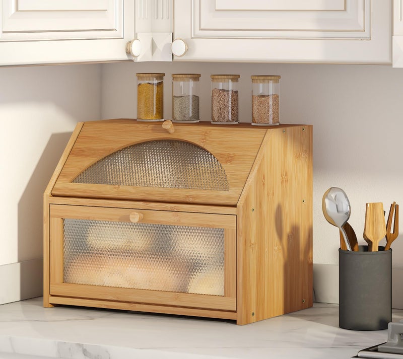 Vriccc Bread Box, Bamboo Wood Bread Box for Kitchen Counter, Double-layer Bread Storage Bin, Acrylic glass with Diamond Patterns (Natural, Large) - Image 1