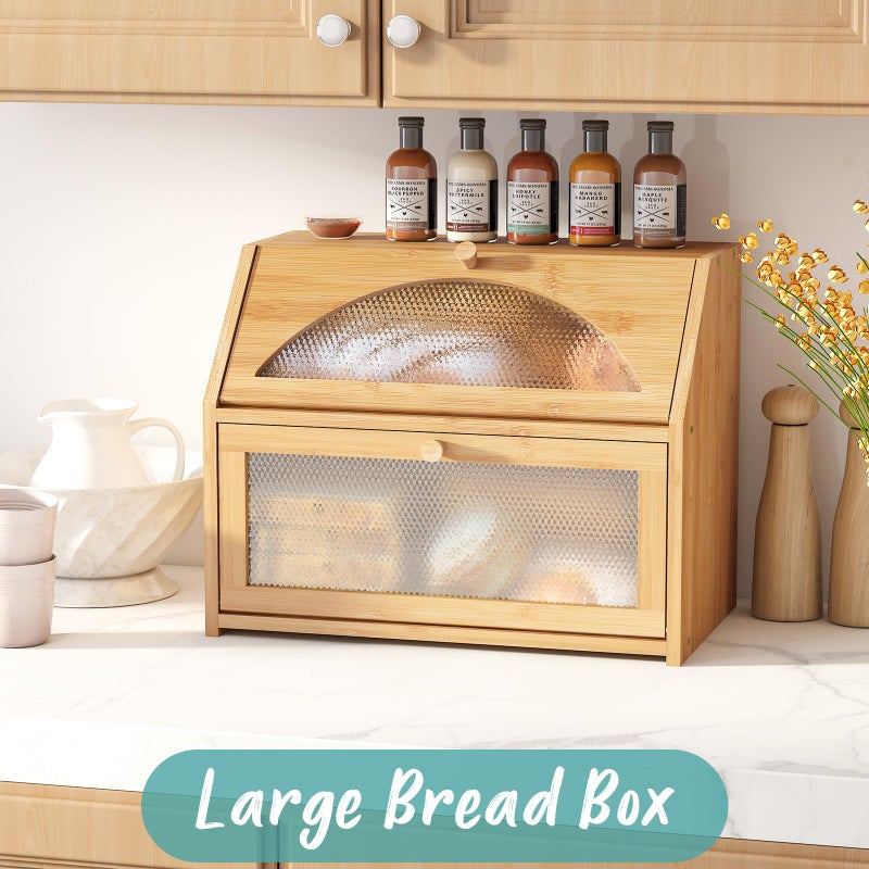 Vriccc Bread Box, Bamboo Wood Bread Box for Kitchen Counter, Double-layer Bread Storage Bin, Acrylic glass with Diamond Patterns (Natural, Large) - Image 2