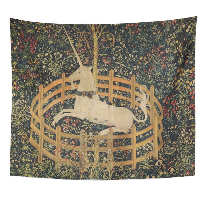 Semtomn Tapestry Artwork Wall Hanging Medieval Vintage Hunting Unicorn Captivity 50x60 Inches Home Decor Tapestries Mattress Tablecloth Curtain Print - Image 1