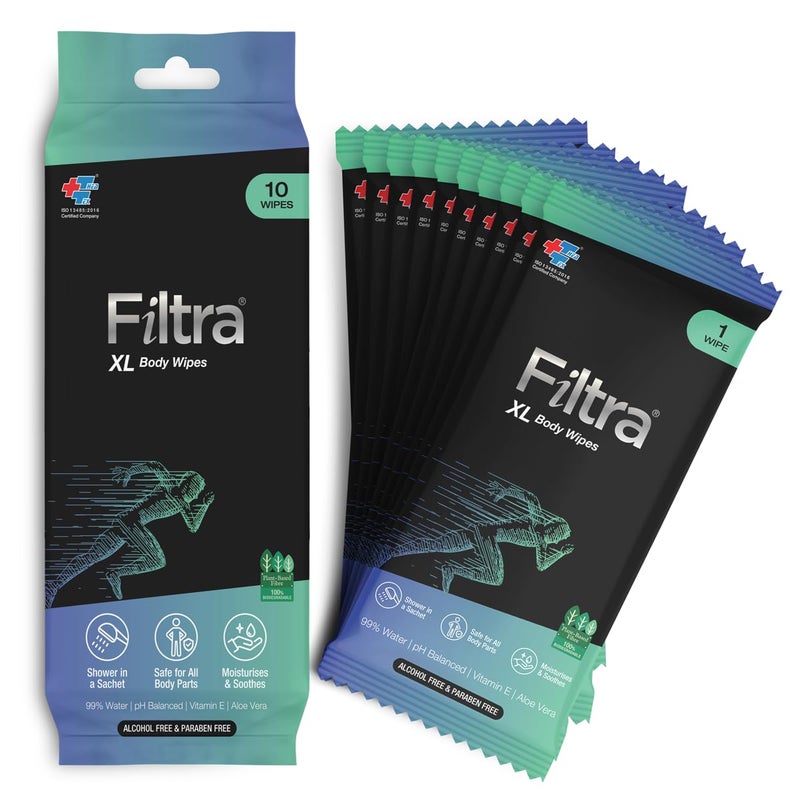 Filtra ® XL Body Wipes | Extra Large & Thick Full Body Wipes | Pack of 10 Single Sachets Wipes | Shower in a Sachet | Suited for Gym | Fitness | Sports | Athletes | Cricket | Soccer | Runners | Racket Sports | Travel | Commuter | Trekking | Camping | Festivals | Road Trips - Travel Pack of 10 Single Sachets - Image 1
