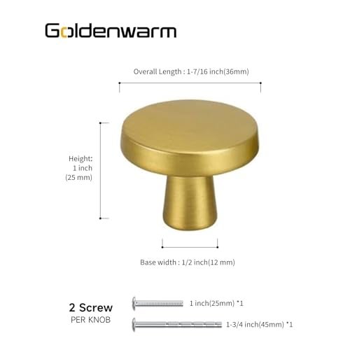 goldenwarm 10 Pack Brushed Brass Cabinet Knobs for Modern Kitchen Hardware Handles Gold Round Drawer Knob for Closet Bifold Cabinets Pulls,1.27 Inch - Image 2