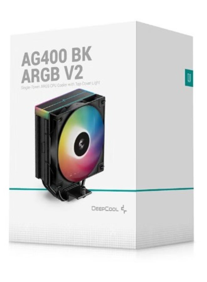 DEEPCOOL AG400 BK ARGB V2 CPU Air Cooler, 120mm PWM ARGB Fan, 4 Heatpipes, Black Tower Heatsink with Top Cover Light, Intel & AMD Compatible, 154mm Height, Quiet High-Performance Cooling, Black | R-AG400-BKAMMN-GJD - Image 1