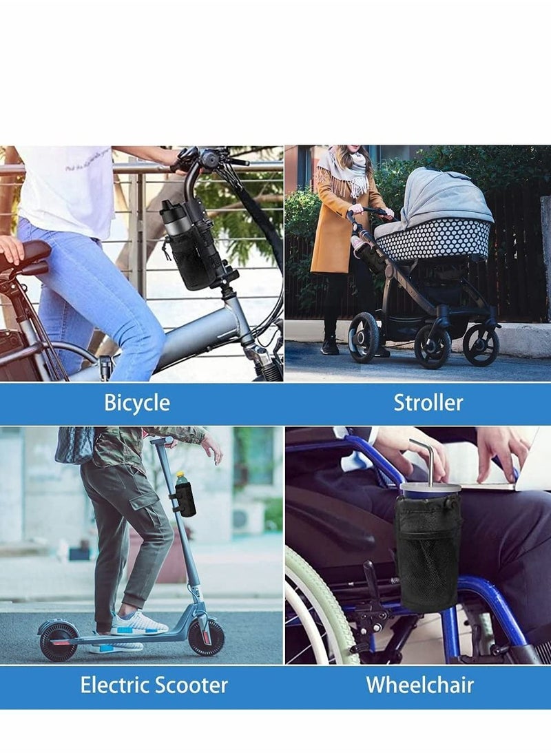 Excefore - Bike Cup Holder 2 Pack Water Bottle Bicycle Handlebar Drink with Mesh Pockets Phone Bag for Cruiser, Mountain Bike, Scooter, Folding, Road Wheelchair, Black - Image 1