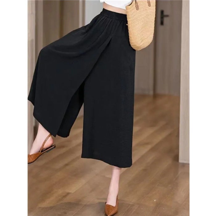 Summer Thin Loose High Waist Slit Lazy Style Casual Culottes Thigh Thick and Slim Eight-point Wide-leg Pants for Women Black - Image 1