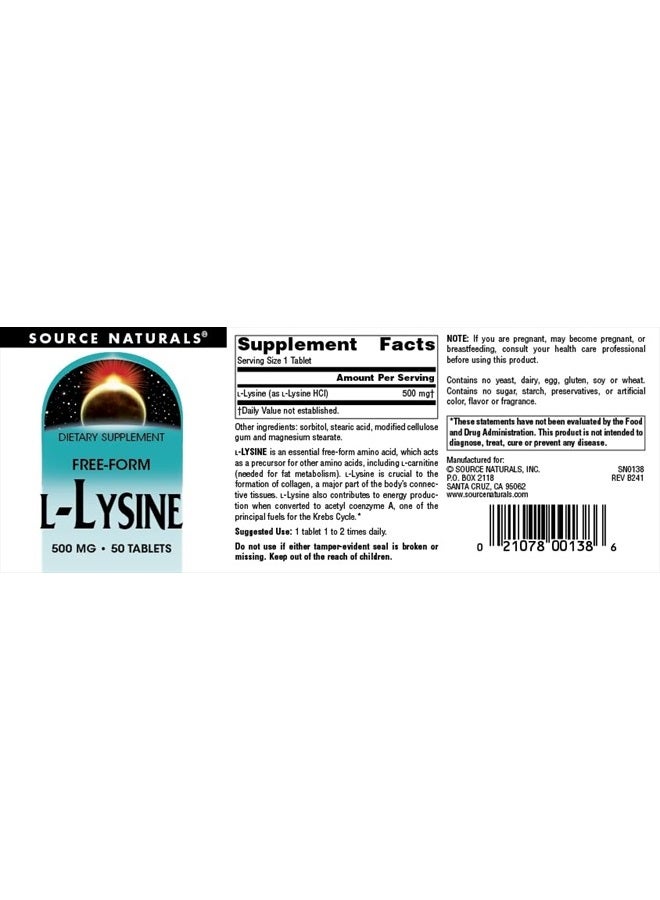 Source Naturals L-Lysine Free Form -Amino Acid Supplement Supports Energy Formation & Collagen* - 500 mg- 50 Tablets - Image 4