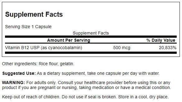 Swanson Vitamin B12 Cyanocobalamin Energy Cardivascular Health Support 500 mcg 100 Capsules - Image 2