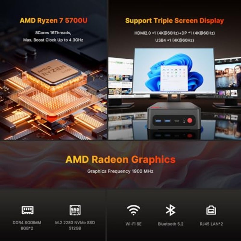 P4 Office-Gaming-Mini PC، وحدة واحدة، للاستخدام المكتبي والألعاب، هيكل من سبائك الألومنيوم، تبريد عالي الأداء وضوضاء منخفضة، أسود، Ryzen 7 5700U حتى 4.5 جيجا هرتز مع ذاكرة وصول عشوائي DDR4 بسعة 16 جيجابايت ومحرك أقراص NVMe SSD بسعة 512 جيجابايت - Image 2
