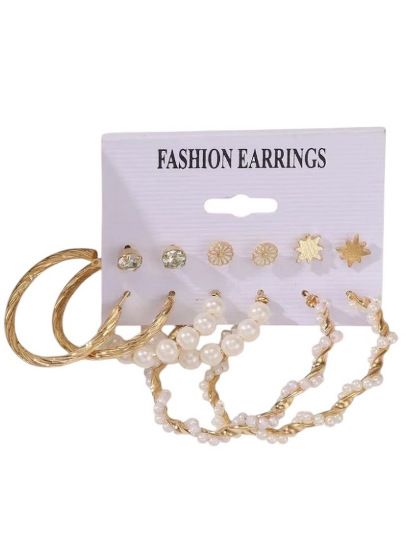 Huitich Elegant Gold Colour Hoop & Stud Earrings Set 6 Pairs with Pearl & Crystal Accents  - Image 1