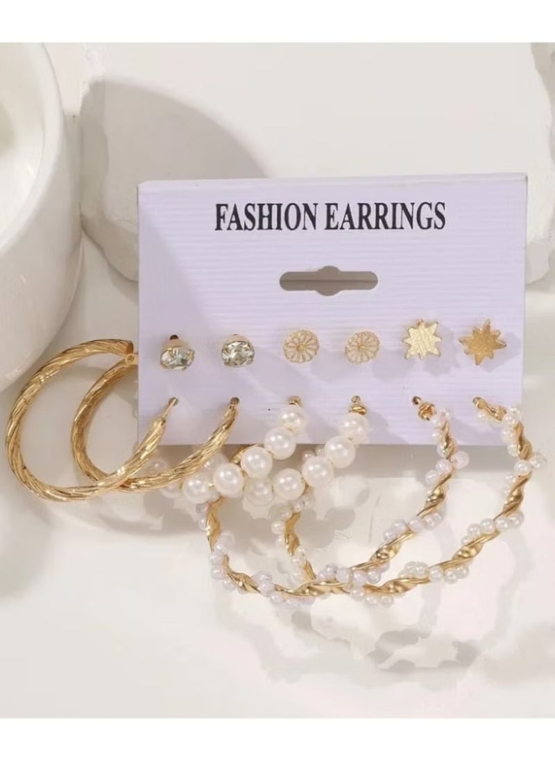Huitich Elegant Gold Colour Hoop & Stud Earrings Set 6 Pairs with Pearl & Crystal Accents  - Image 2