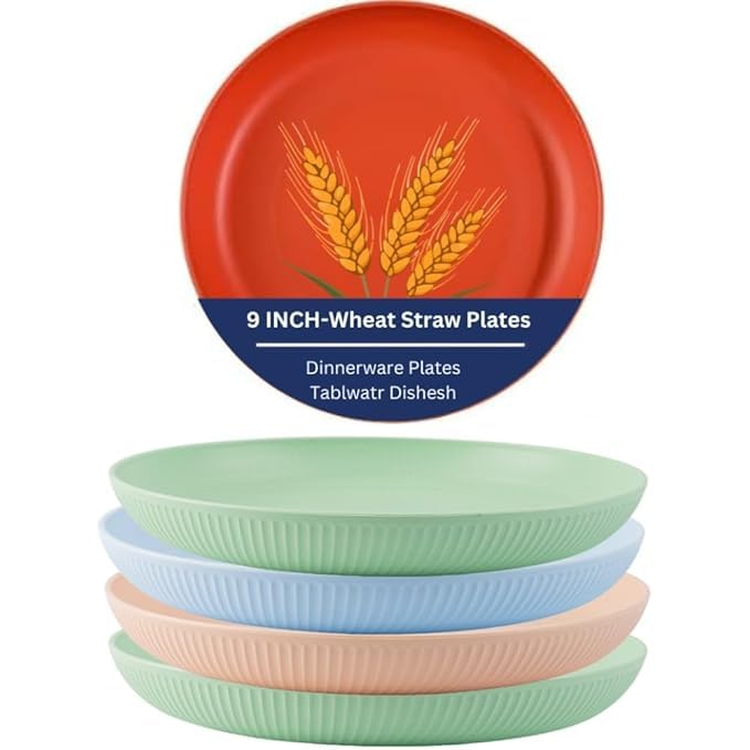 Clovis Wheat Straw Plates - Lightweight Unbreakable Dinner Dishes Plates Set Dishwasher & Microwave Safe, 9 inch Reusable Large Plates, Easy to Clean, BPA Free(Random Color, Set of 4) - Image 1