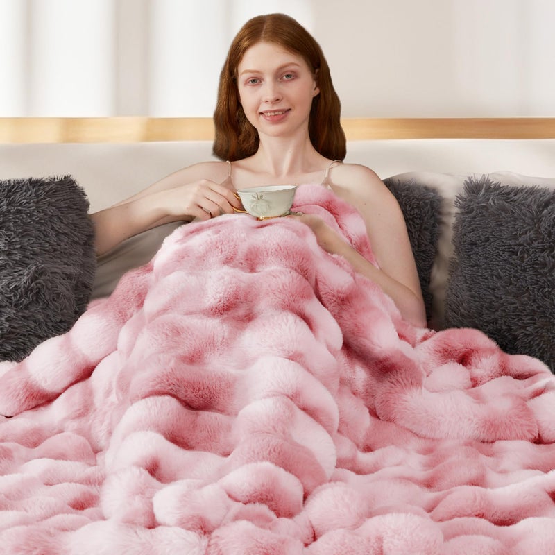 Touchat Luxury 1000GSM Faux Rabbit Fur Throw Blanket for Woman, Super Heavy Warm Cozy Blankets for Her for Couch Bed Sofa, Bubble Plush Fuzzy Elegant Soft Reversible Mink Blanket for Living Room Bedroom, Pink - Image 5