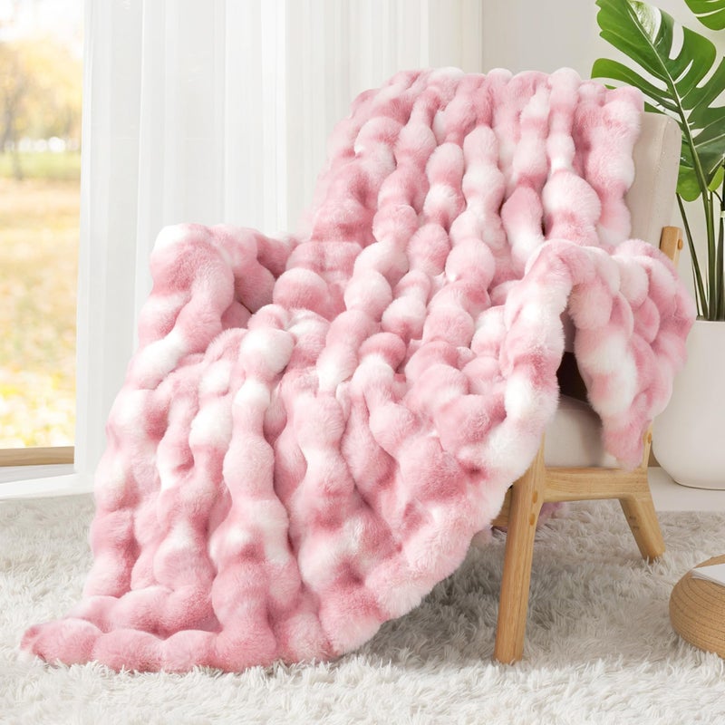 Touchat Luxury 1000GSM Faux Rabbit Fur Throw Blanket for Woman, Super Heavy Warm Cozy Blankets for Her for Couch Bed Sofa, Bubble Plush Fuzzy Elegant Soft Reversible Mink Blanket for Living Room Bedroom, Pink - Image 4