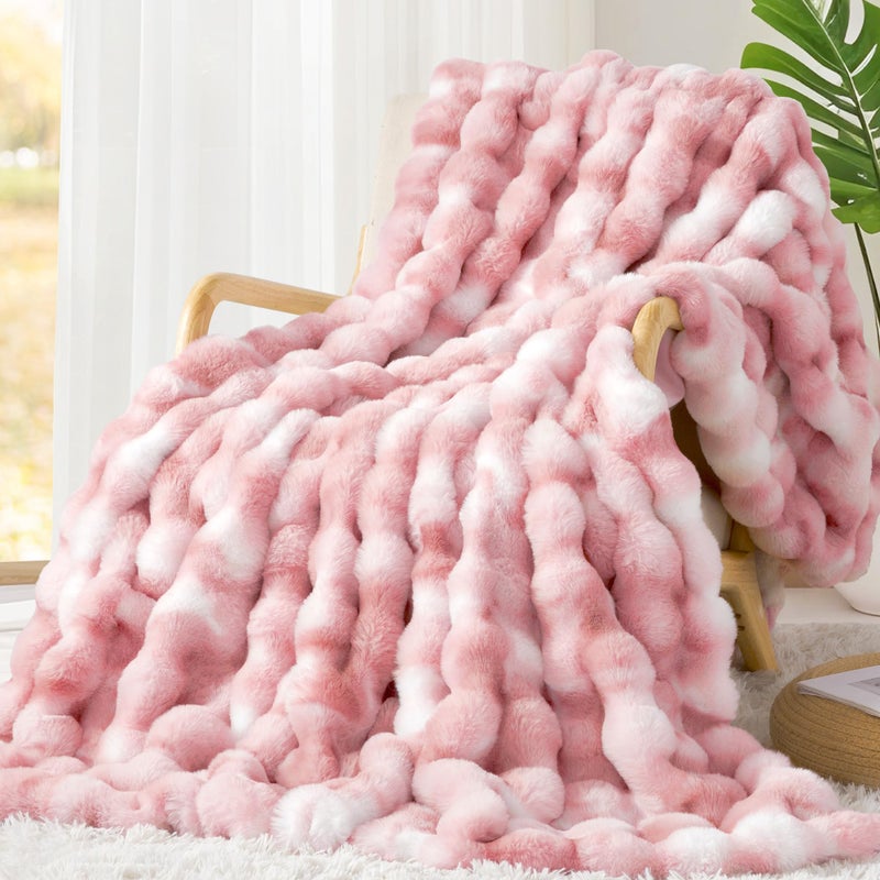 Touchat Luxury 1000GSM Faux Rabbit Fur Throw Blanket for Woman, Super Heavy Warm Cozy Blankets for Her for Couch Bed Sofa, Bubble Plush Fuzzy Elegant Soft Reversible Mink Blanket for Living Room Bedroom, Pink - Image 1
