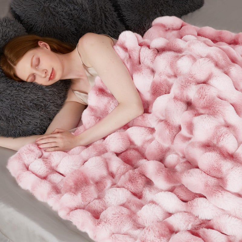 Touchat Luxury 1000GSM Faux Rabbit Fur Throw Blanket for Woman, Super Heavy Warm Cozy Blankets for Her for Couch Bed Sofa, Bubble Plush Fuzzy Elegant Soft Reversible Mink Blanket for Living Room Bedroom, Pink - Image 3