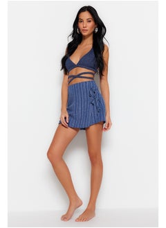 Blue Woven Tie Linen Blend Short Skirt TBESS23SR00044