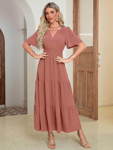 Amegoya Women's Short Sleeve V Neck Maxi Dresses Modest Empire Waist Long Flowy Boho Wedding Guest Dress (Rust Pink M) - Image 4
