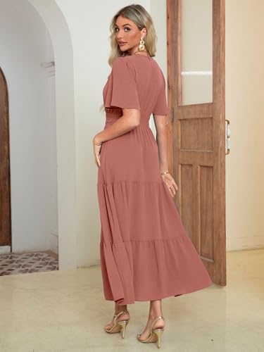 Amegoya Women's Short Sleeve V Neck Maxi Dresses Modest Empire Waist Long Flowy Boho Wedding Guest Dress (Rust Pink M) - Image 5