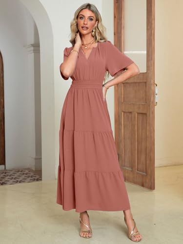 Amegoya Women's Short Sleeve V Neck Maxi Dresses Modest Empire Waist Long Flowy Boho Wedding Guest Dress (Rust Pink M) - Image 2