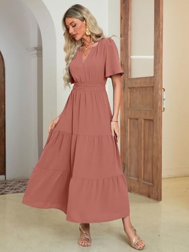 Amegoya Women's Short Sleeve V Neck Maxi Dresses Modest Empire Waist Long Flowy Boho Wedding Guest Dress (Rust Pink M) - Image 3