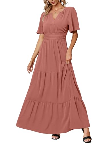 Amegoya Women's Short Sleeve V Neck Maxi Dresses Modest Empire Waist Long Flowy Boho Wedding Guest Dress (Rust Pink M) - Image 1