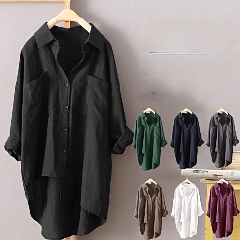 Women's Casual Cotton-Linen Shirt with Pockets, Long Sleeve, Solid Color - Image 1